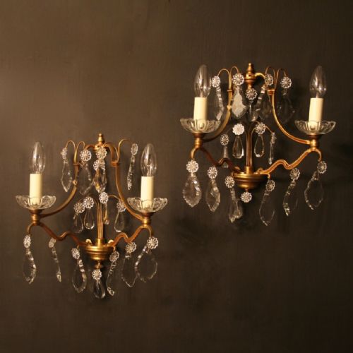 French Pair of Gilded & Crystal Antique Wall Lights