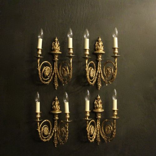 French Set of 4 Gilded Bronze Twin Arm Antique Wall Sconces