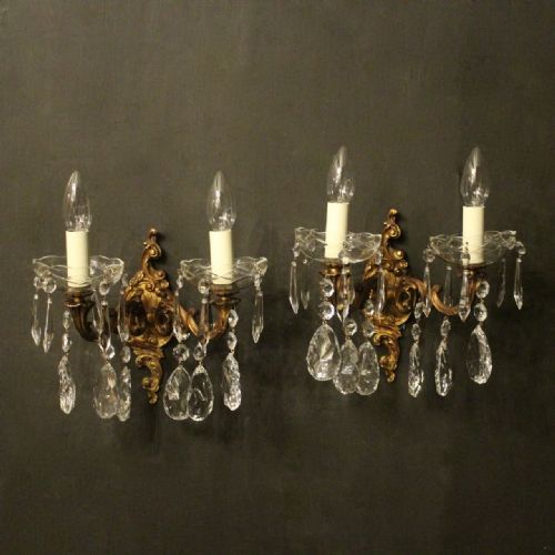 Italian Pair of Gilded & Crystal Twin Arm Antique Wall Lights