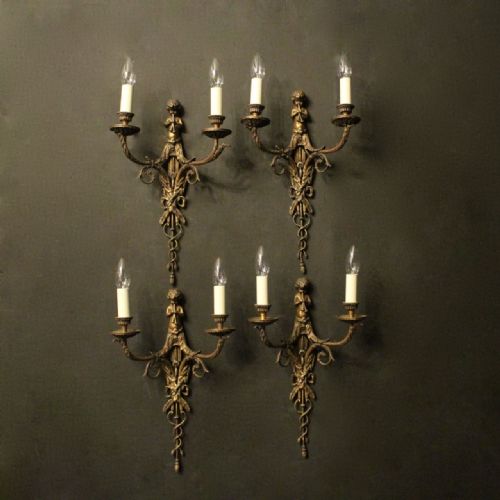 French Set of 4 Gilded Bronze Twin Arm Antique Wall Lights