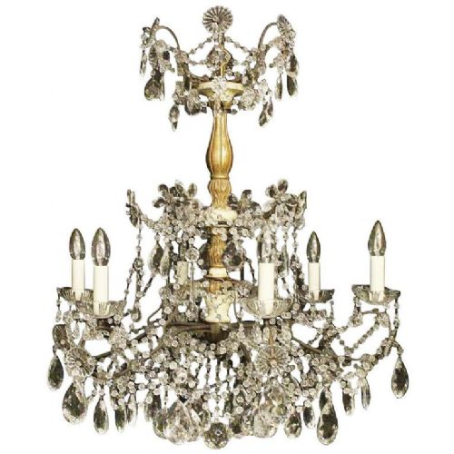 Italian Florentine Giltwood & Crystal 6 Light Antique Chandelier