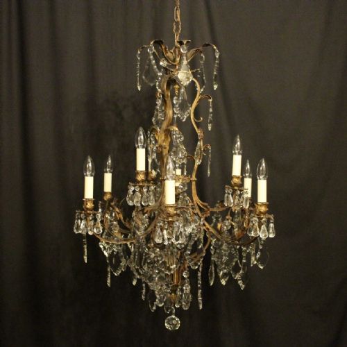 French Gilded Bronze & Crystal 9 Light Antique Chandelier