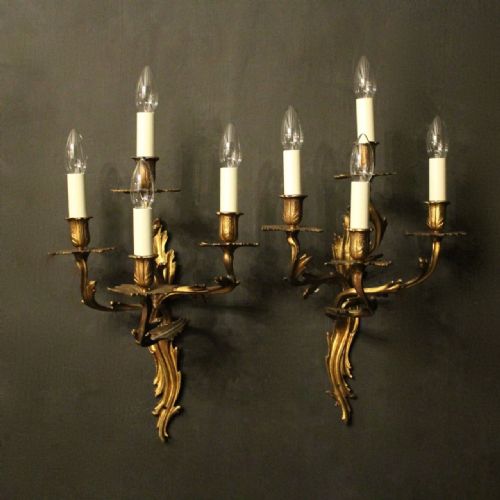 French Pair of 4 Light Gilded Antique Wall Sconces