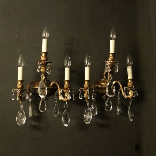 French Pair of Gilded Bronze & Crystal Triple Arm Wall Lights