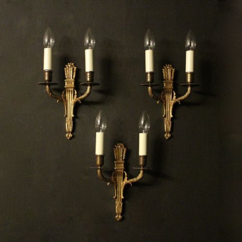French Set of 3 Gilded Twin Arm Antique Wall Lights