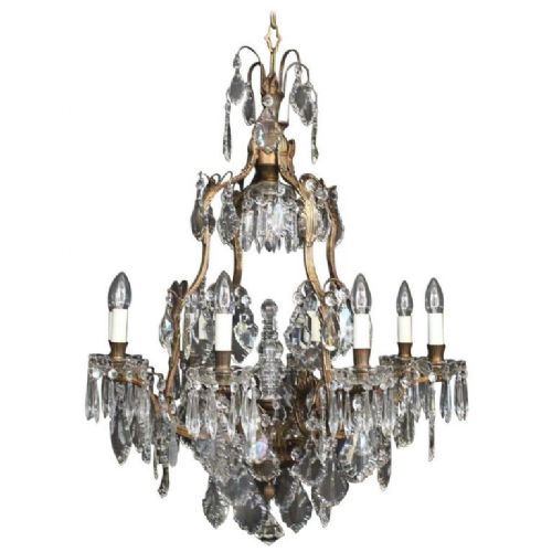 French Gilded Bronze & Crystal 9 Light Cage Chandelier