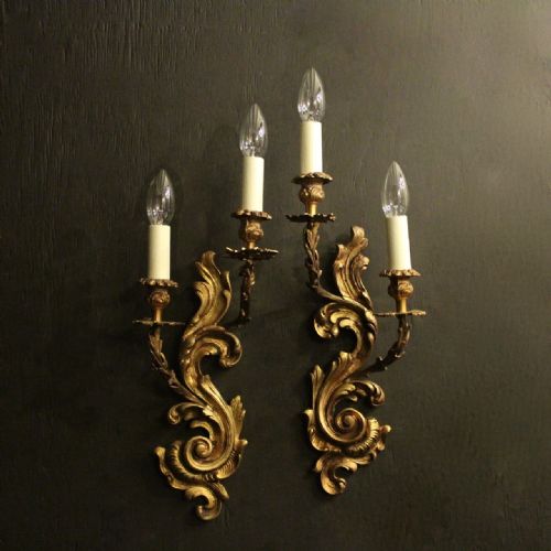 French Pair of Gilded Bronze Twin Arm Antique Wall Sconces