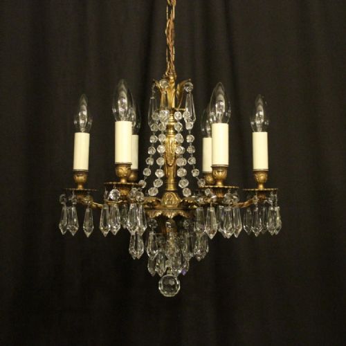 Italian Gilded Bronze & Crystal 6 Light Antique Chandelier