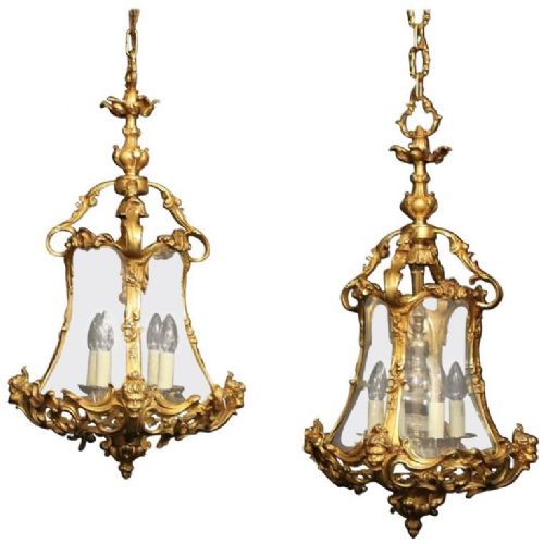Italian Gilded Bronze Pair 4 Light Bronze Cherub Lanterns