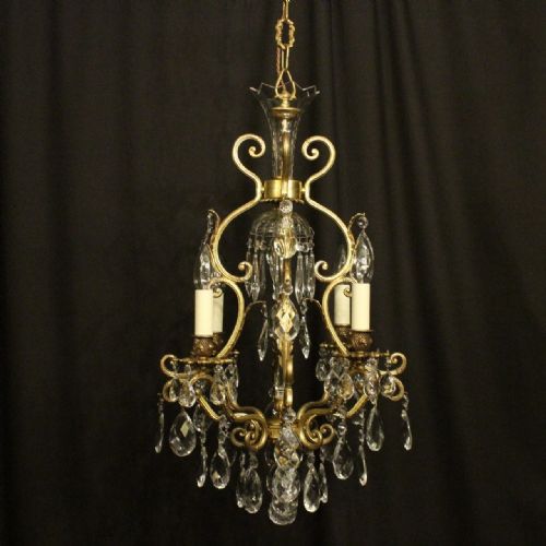 French Gilded Bronze & Crystal 5 Light Birdcage Antique Chandelier