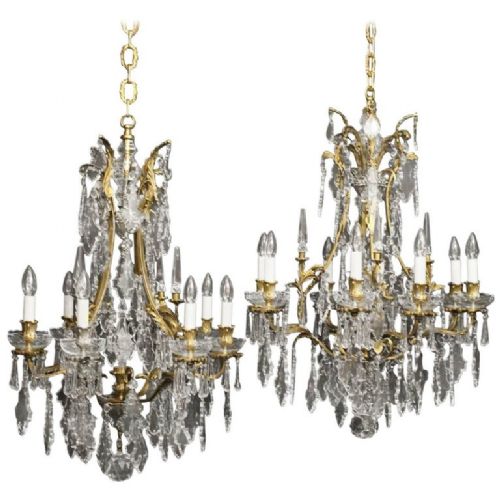 French Pair of Gilded Bronze 8 Light Antique Chandeliers