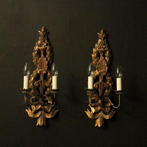 Italian Pair of Giltwood Polychrome Twin Arm Wall Lights
