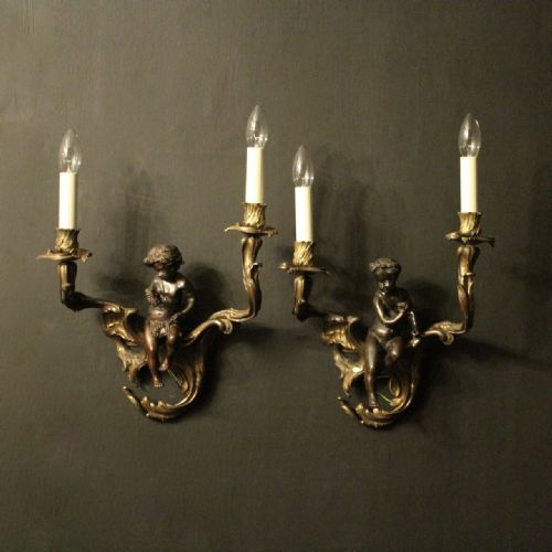 French 19th Century Cherub Gilded Antique Wall Sconces