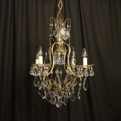 French Crystal & Gilded Birdcage 5 Light Antique Chandelier