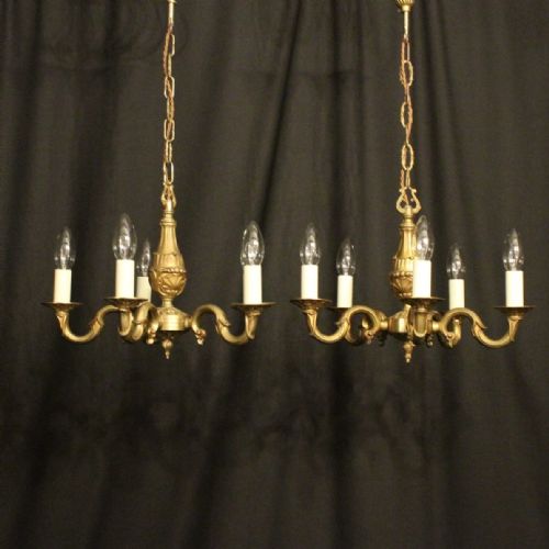 French Pair of Gilded Five Light Chandeliers