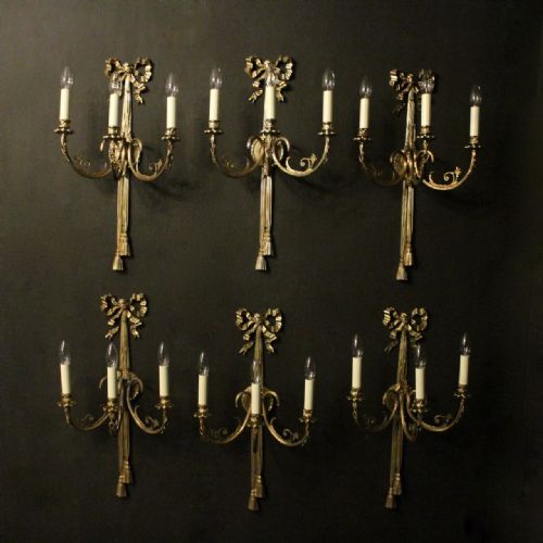 French Set of 6 Large Gilded Triple Arm Ribbon Wall Lights