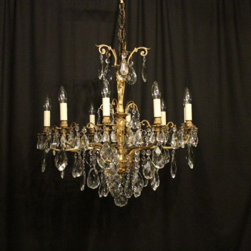 Italian Gilded Bronze & Crystal 10 Light Antique Chandelier