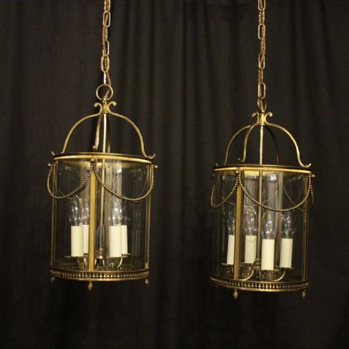 French Pair of Gilded Convex Antique Hall Lanterns