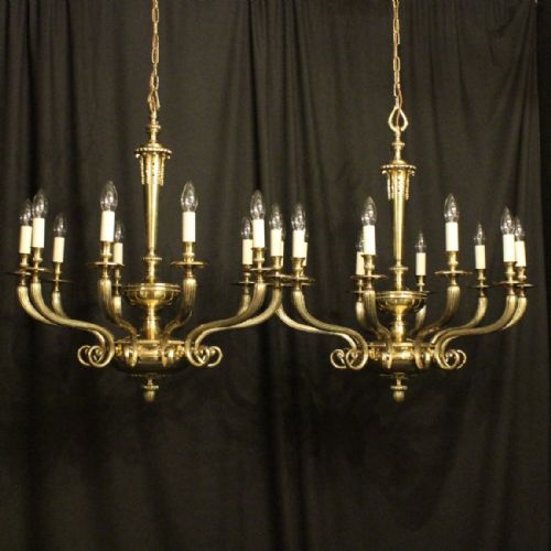 English Pair of Cast Brass 10 Light Chandeliers