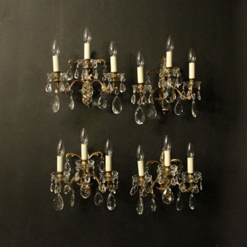 Italian Set of Four Gilded & Crystal Antique Wall Lights