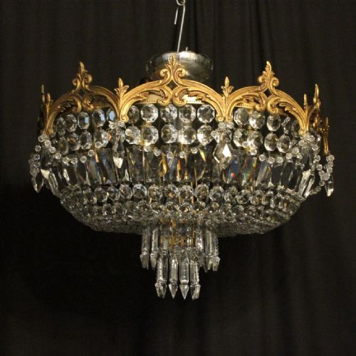 French Gilded & Crystal 6 Light Antique Plaffonier