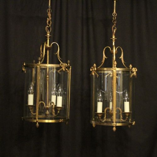 French Pair of Gilded Triple Light Convex Antique Hall Lanterns