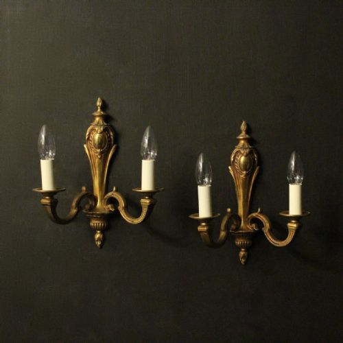 French Pair of Gilded Bronze Twin Arm Antique Wall Lights