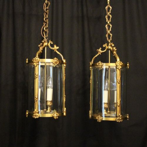 French Pair of Gilded Bronze Triple Light Hall Lanterns