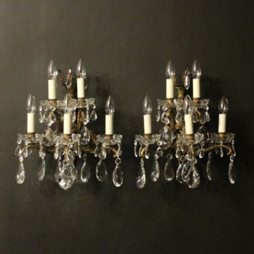 Italian Pair of Gilded Bronze & Crystal Five Arm Wall Lights