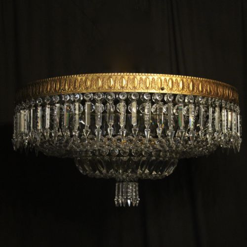 French Gilded Bronze & Crystal 12 Light Antique Plaffonier