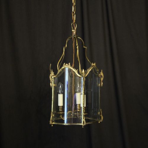 French Gilded Bronze Convex Triple Light Antique Hall Lantern