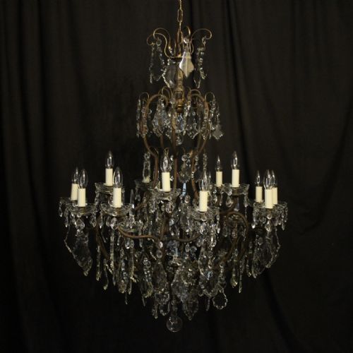 French Gilded & Crystal 15 Light Birdcage Antique Chandelier