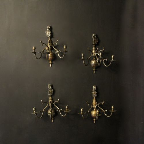 Dutch Set of 4 Bronze Triple Arm Antique Sconces