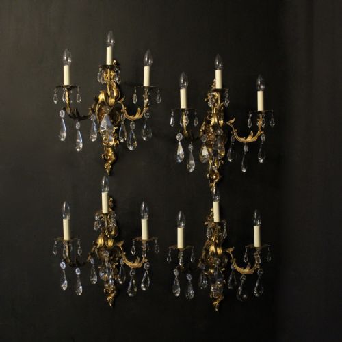 French Set of 4 Gilded Triple Arm Wall Lights