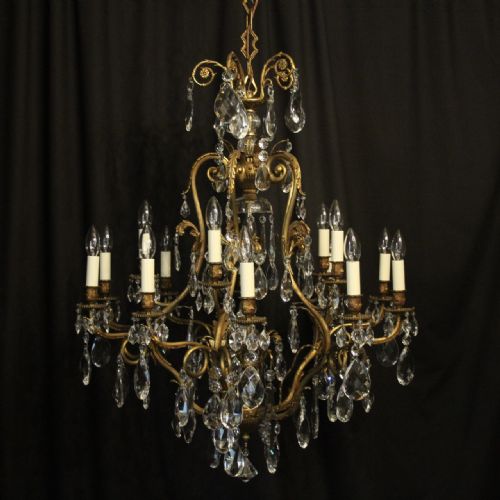 French Gilded Bronze & Crystal 16 Light Antique Chandelier