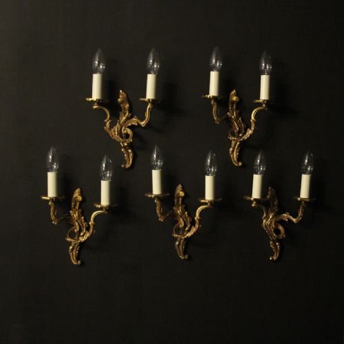 French Set of 5 Gilded Twin Arm Wall Lights