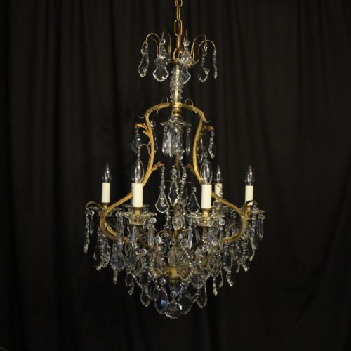 French Gilded & Crystal 7 Light Antique Cage Chandelier