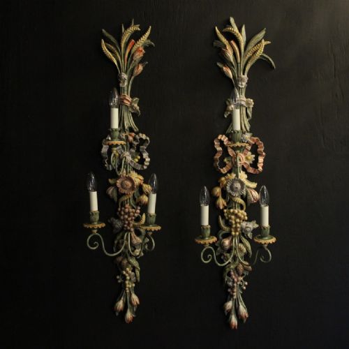 Italian Large Pair of Polychrome Triple Arm Wall Lights