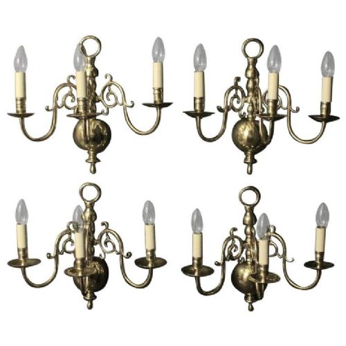 English Set of 4 Brass 19 Century Antique Wall Sconces