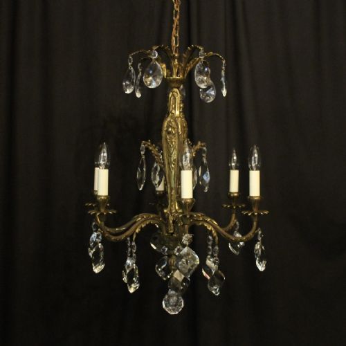 French Gilded Bronze & Crystal 6 Light Antique Chandelier