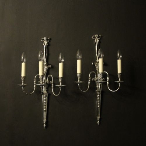 French Pair of Silver Plated Triple Arm Wall Lights