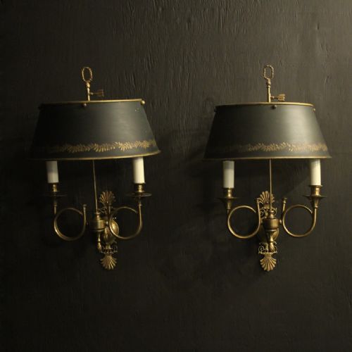 French Pair of Empire Toleware & Gilded Brass Antique Wall Lights
