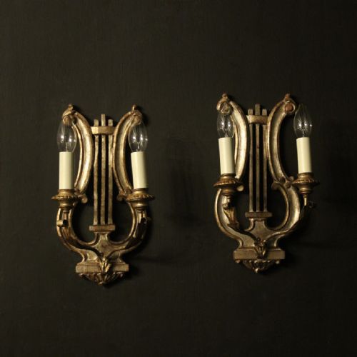 Italian Silver Giltwood Lyre Twin Arm Wall Lights