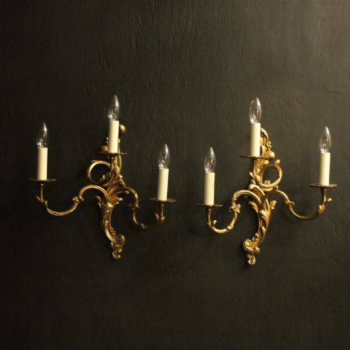 French Bronze Pair of Triple Arm Antique Wall Lights