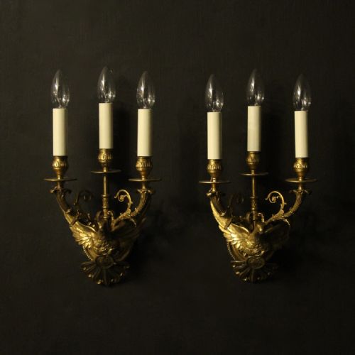 French 19th Century Pair of Gilded Bronze Eagle Wall Sconces