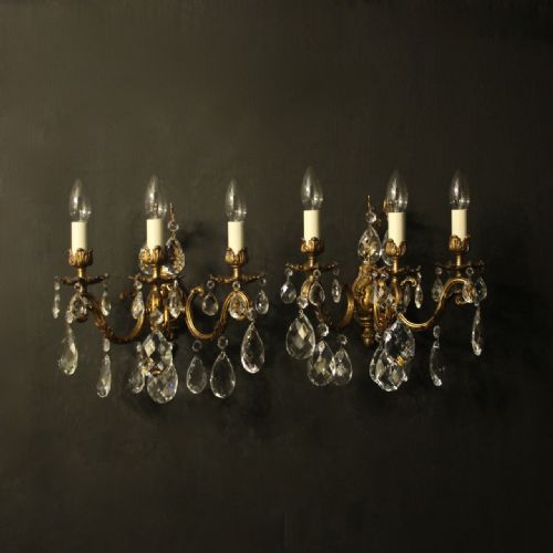 Italian Pair of Gilded Bronze & Crystal Antique Wall Lights