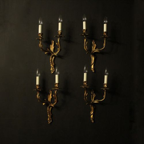 French Set of 4 Gilded Brass Twin Arm Antique Wall Lights