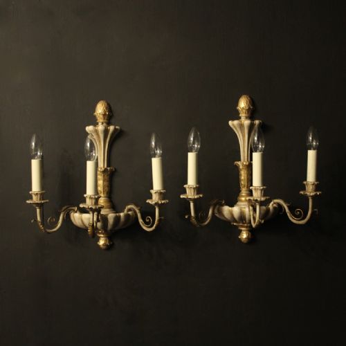 French Pair of Polychrome Triple Arm Wall Lights