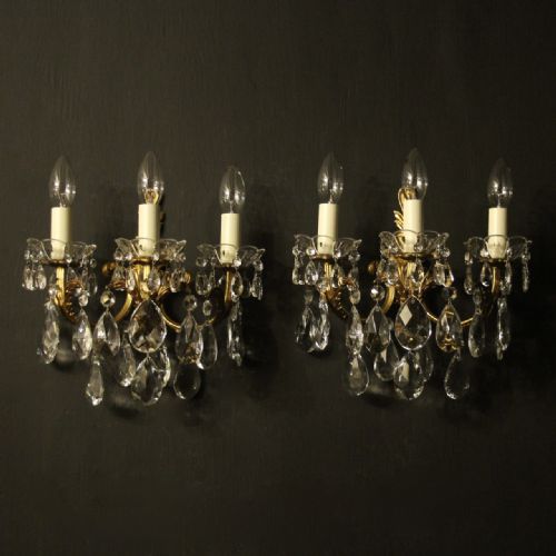 Italian Pair of Gilded & Crystal Triple Arm Antique Wall Lights