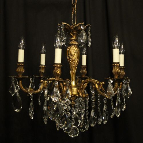 Italian Gillded Bronze & Crystal 6 Light Antique Chandelier